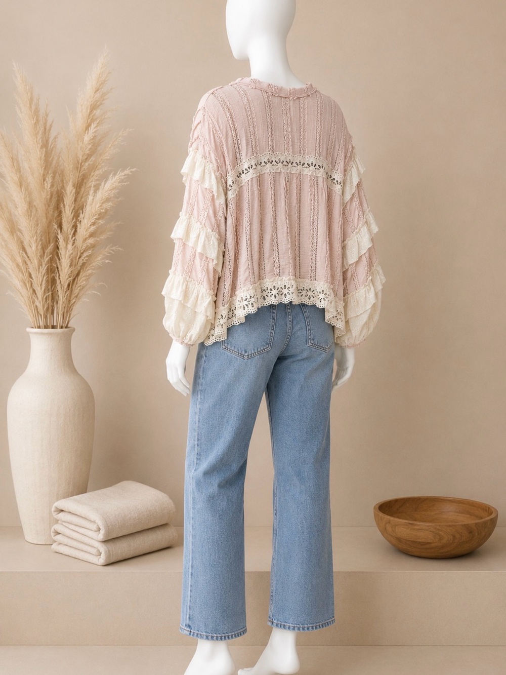 POL NWOT  Blush Pink Lace Ruffle Boho Long Sleeve Top - Picture 3 of 3